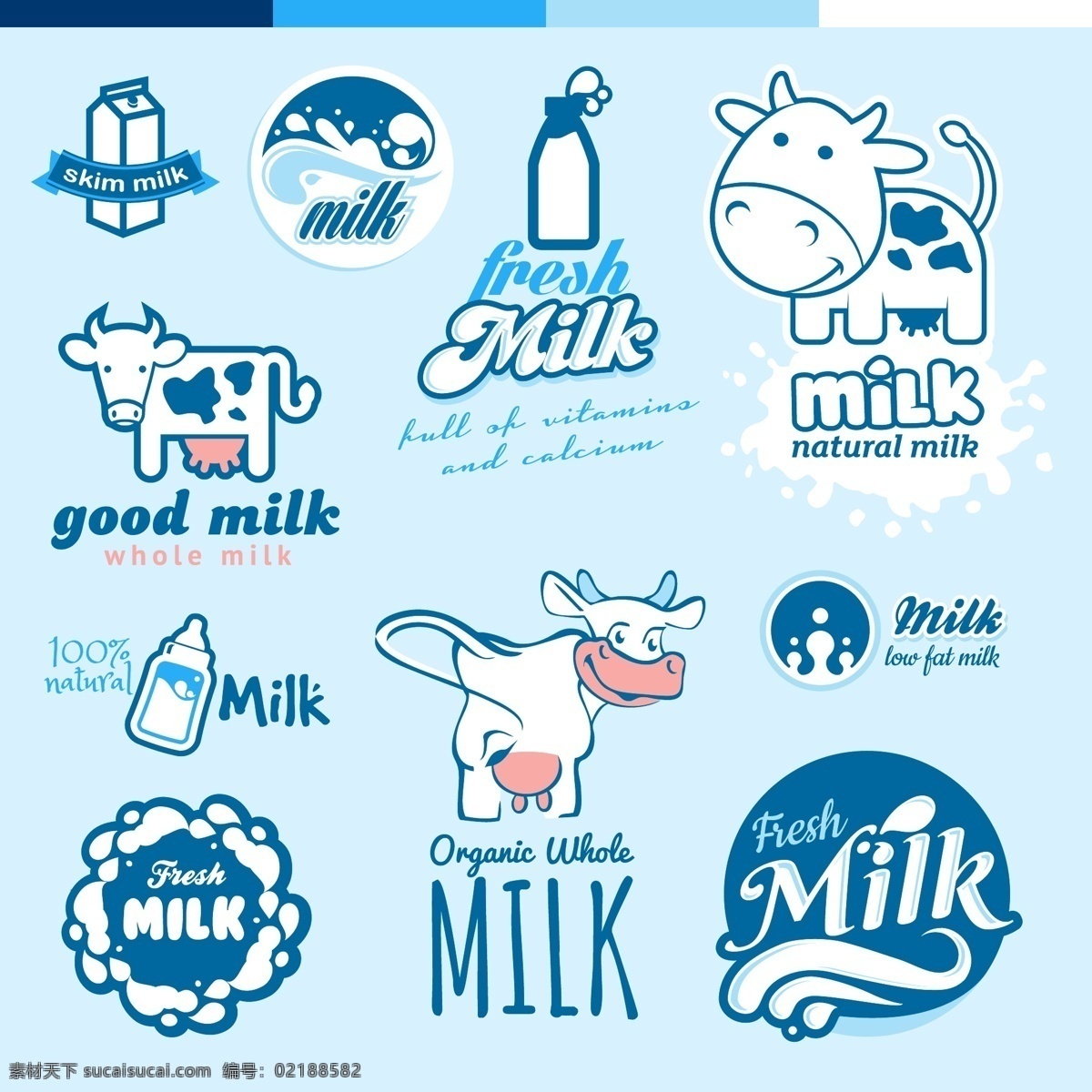 logo 包装设计 杯子 奶牛 牛奶 牛奶包装 牛奶瓶 奶牛牛奶标签 milk 标识标签 矢量 psd源文件