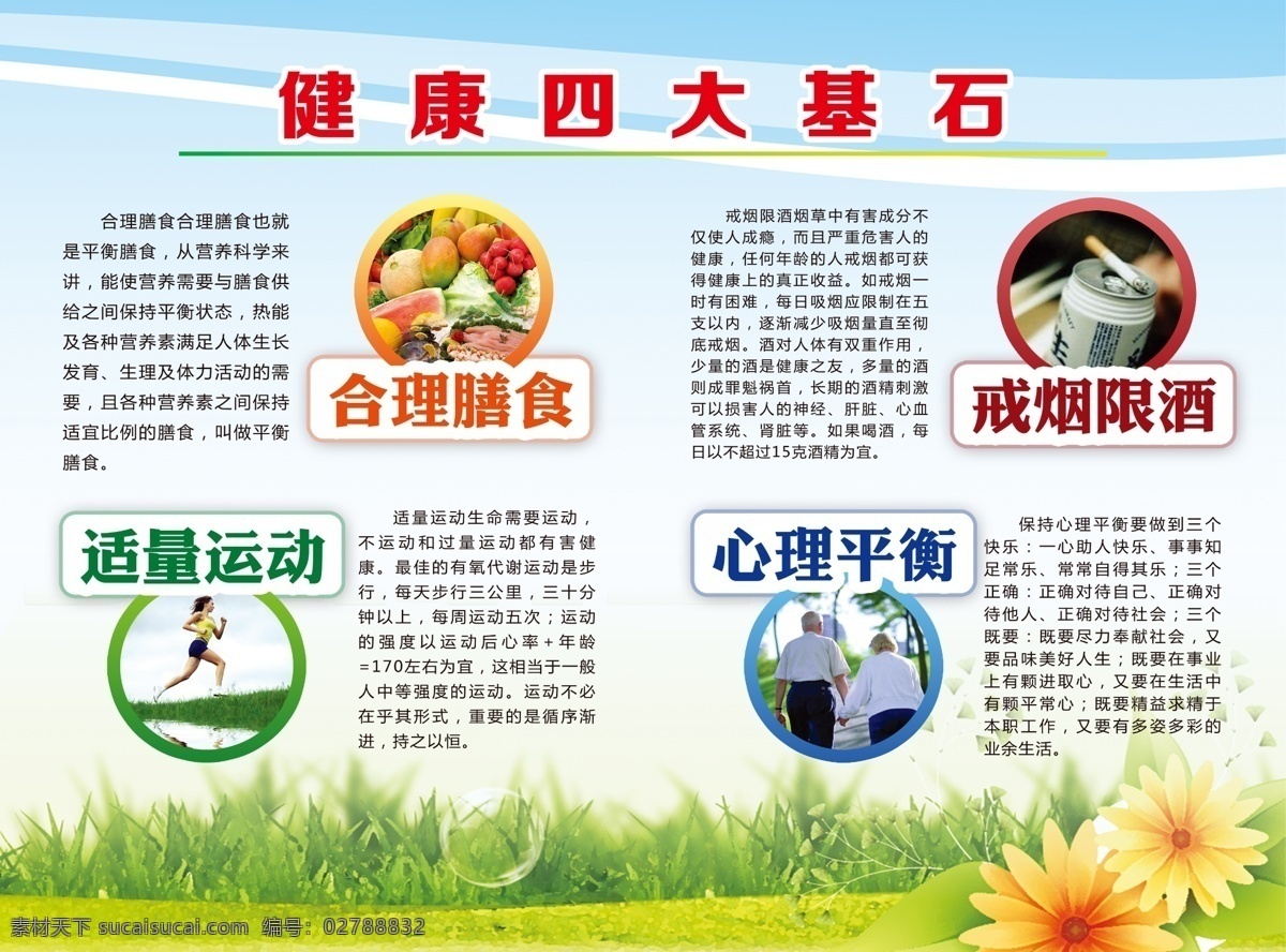 健康四大基石 健康 四大基石 适量运动 心理平衡 戒烟限酒 花 蓝色背景 小草 唯美 草地