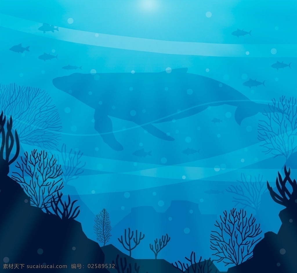 海底 鱼群 剪影 创意 座头鲸 矢量 高清图片