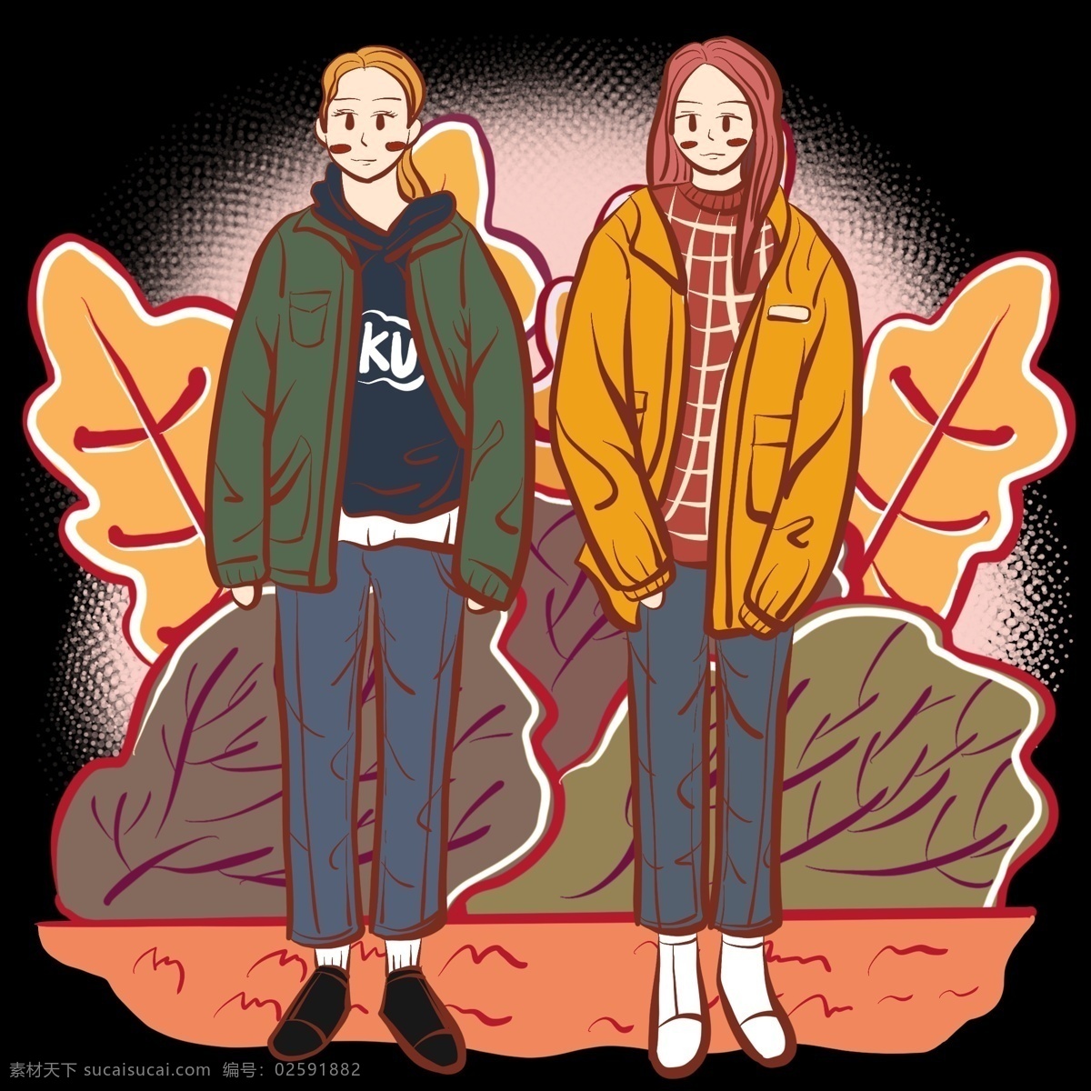小清 新文 艺风 女孩 卡通 手绘 女生 可爱少女 活泼女生 手绘清新植物 植物叶片草丛 绿色棉服 黄色大衣 格子毛衣 双十 服装 衣 品类 购物 狂欢节 活动 文 活泼 少女