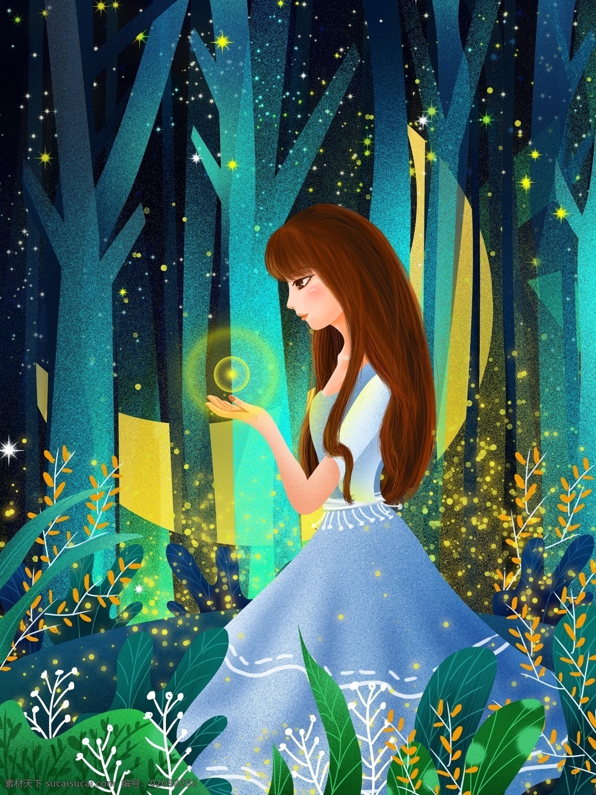 夏夜 森林 萤火虫 花纹 节气 节日 女孩 晚上 夏天 夏至 夜晚 月亮 唯美插画 插画 水彩 电商 淘宝 背景 春天 花草 画 蓝色 绿色 明信片 清新 手绘 树 浪漫 风景 日出 唯美 小清新 治愈系