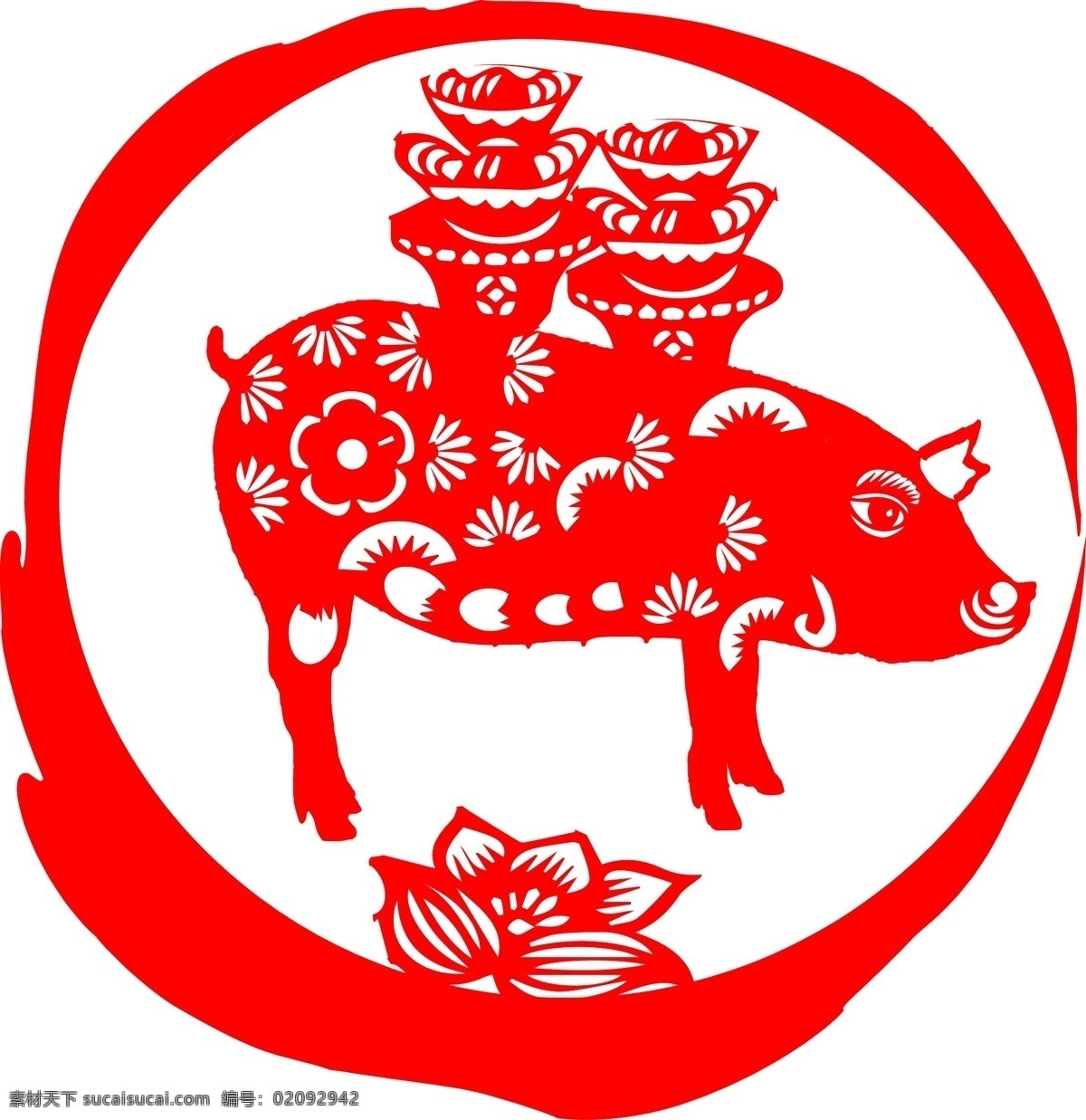 红色 猪年 背 元宝 猪 剪纸 喜庆 吉祥 猪元素