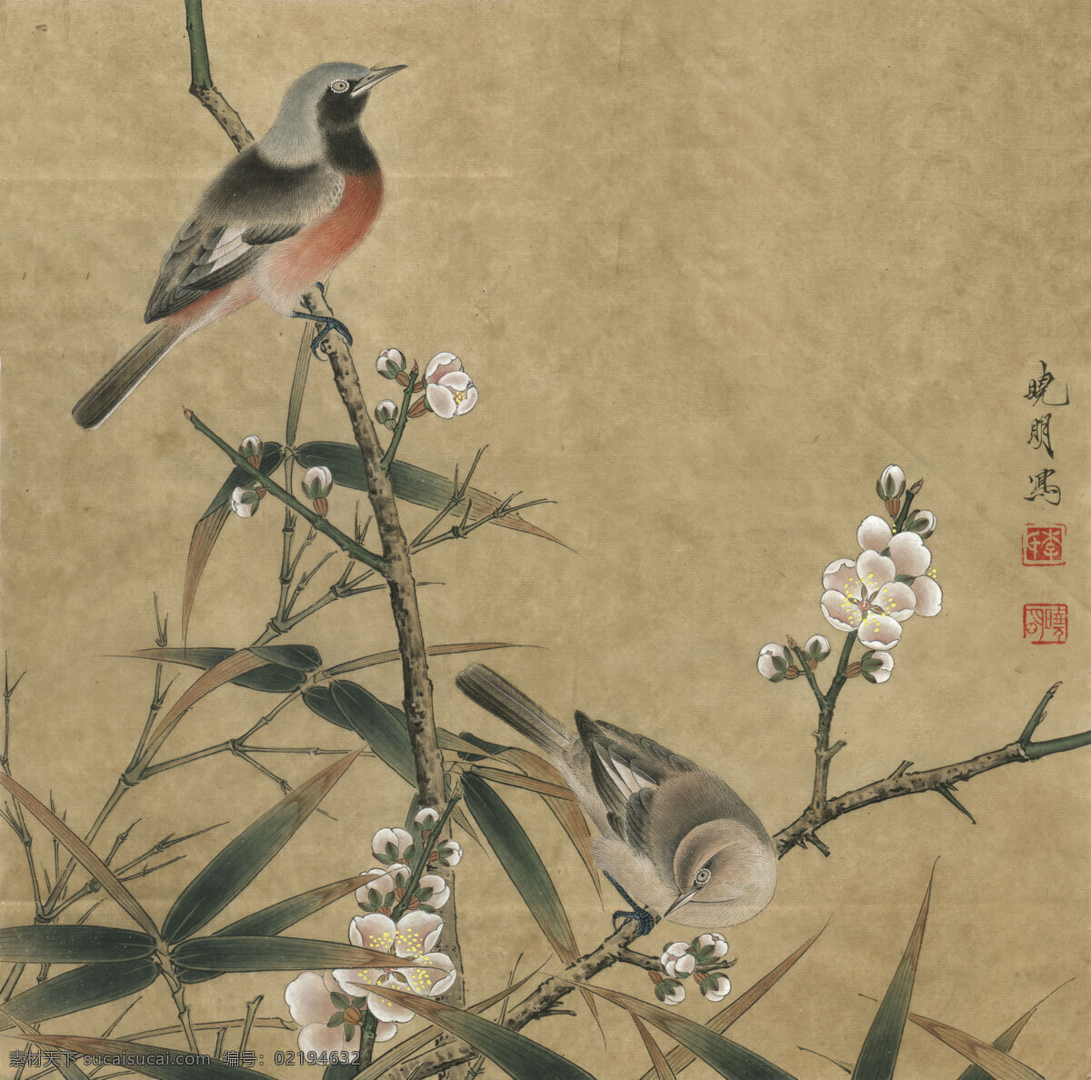 古画 梅花 竹 雀 装饰 双雀 家居装饰素材 壁纸墙画壁纸