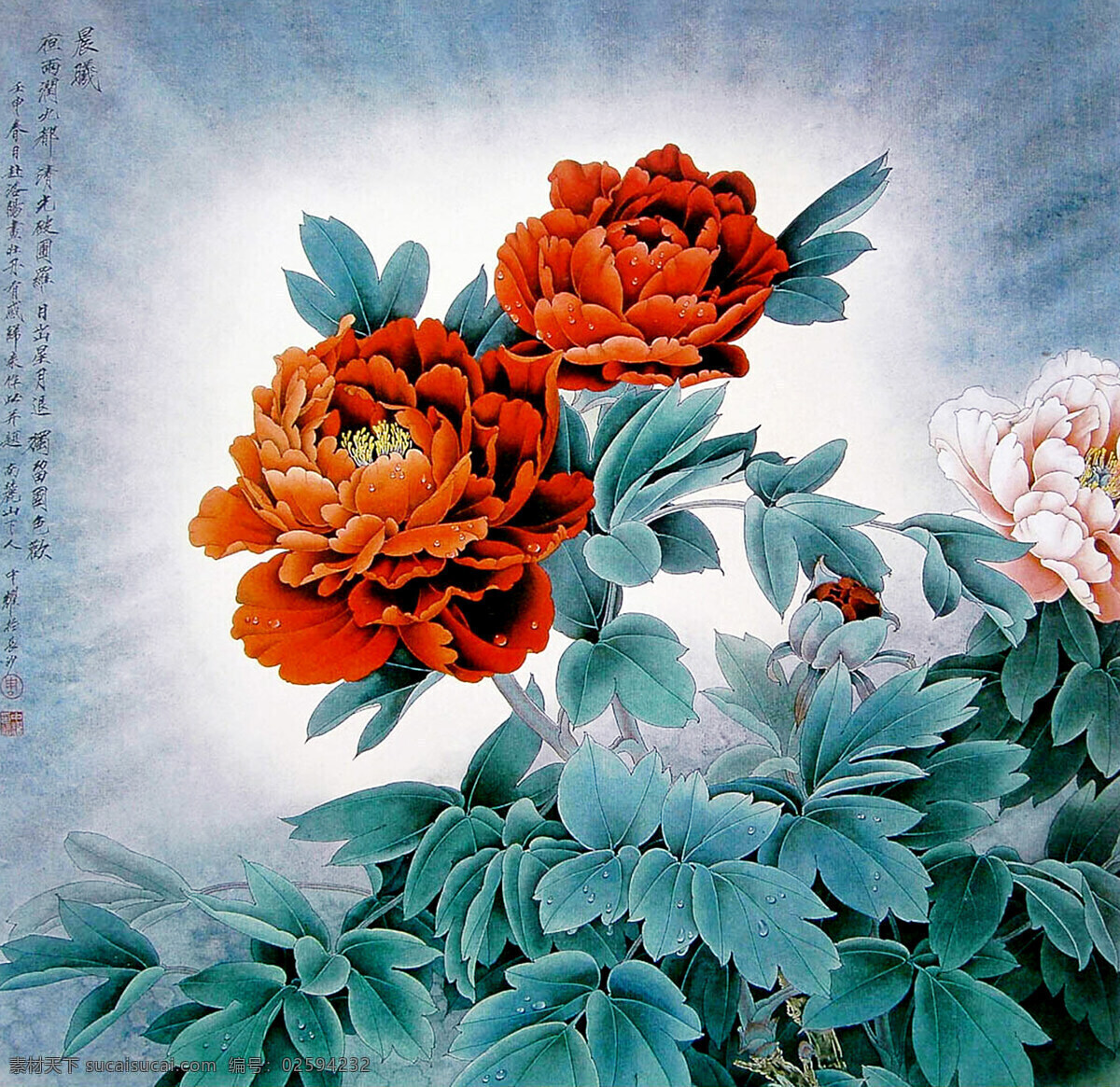 彩墨画 晨光 晨曦 芬芳 国画 国画艺术 红牡丹 花卉画 美术 水墨画 牡丹花 绿叶 花香 盛放 鲜艳 书法 印章 国画集23 绘画书法 文化艺术 家居装饰素材 雕刻 图案