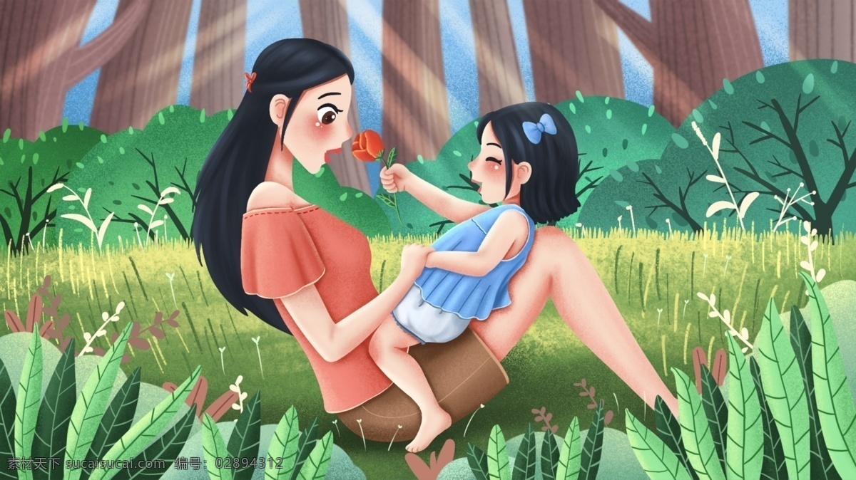 母亲节 送给 妈妈 花 原创 温馨 插画 节日 母亲 女孩 送花 爱心 噪点插画 森林 温暖 暖心