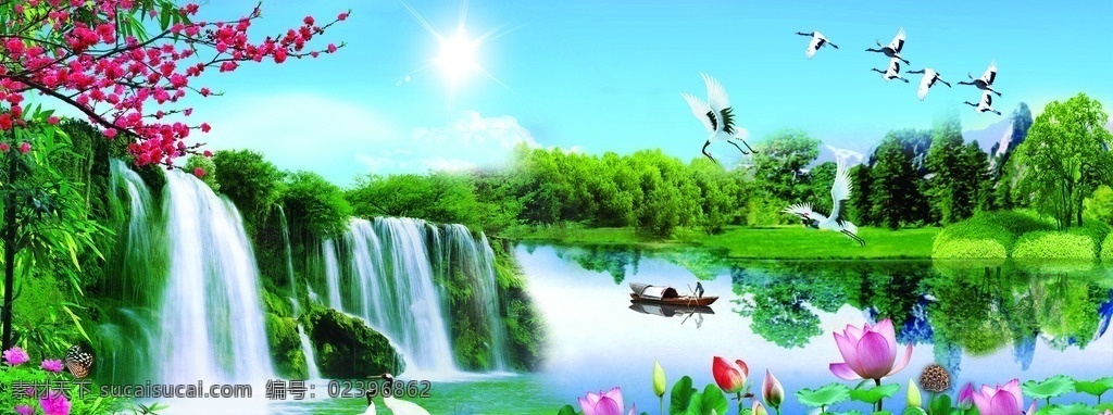 风景 荷花 流水生财 无框画 仙鹤 自然景观 自然风光