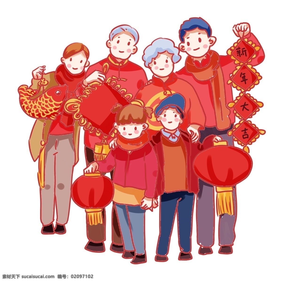 手绘 卡通 2019 家人 聚会 手绘卡通 2019家人 装饰图案 团聚 红色 过节 新年 手绘q版 灯笼 元旦