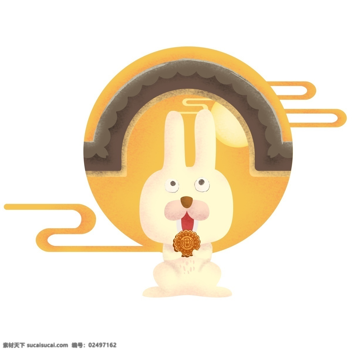 中秋节 月 兔 赏月 月饼 圆月 云纹 清新 手绘 插 画风 原创 商用 元素 月兔 插画风