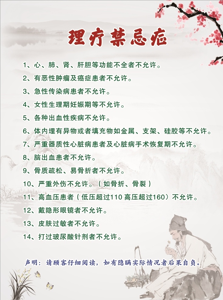 理疗禁忌症 中国传统 灰色展板 水墨展板 中医插画 制度牌 展板模板