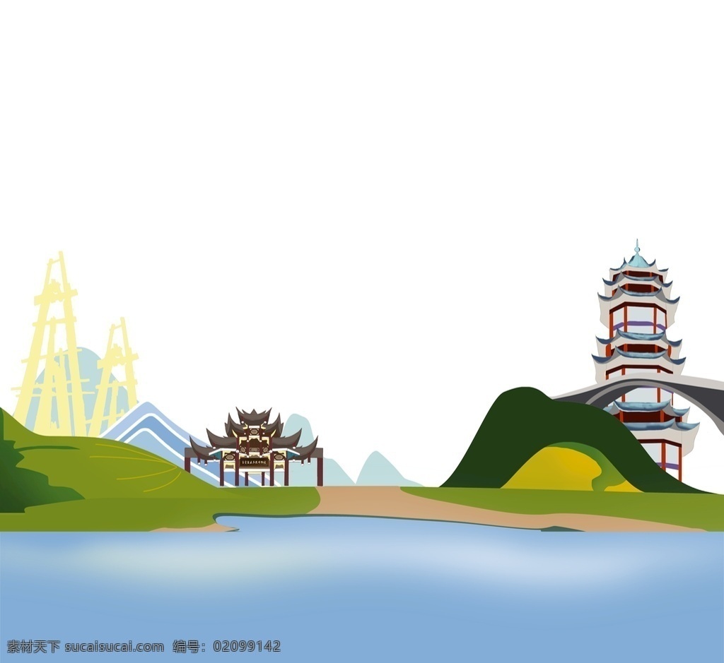 自贡建筑手绘 自贡 手绘 卡通 建筑 平面 分层