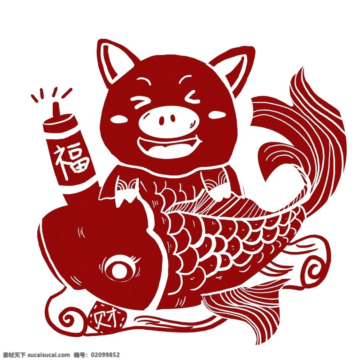 猪年 喜庆 剪纸 装饰 元旦 插画 放炮 春节 祥云 莲花 鞭炮 猪 手绘 卡通 2019 新春