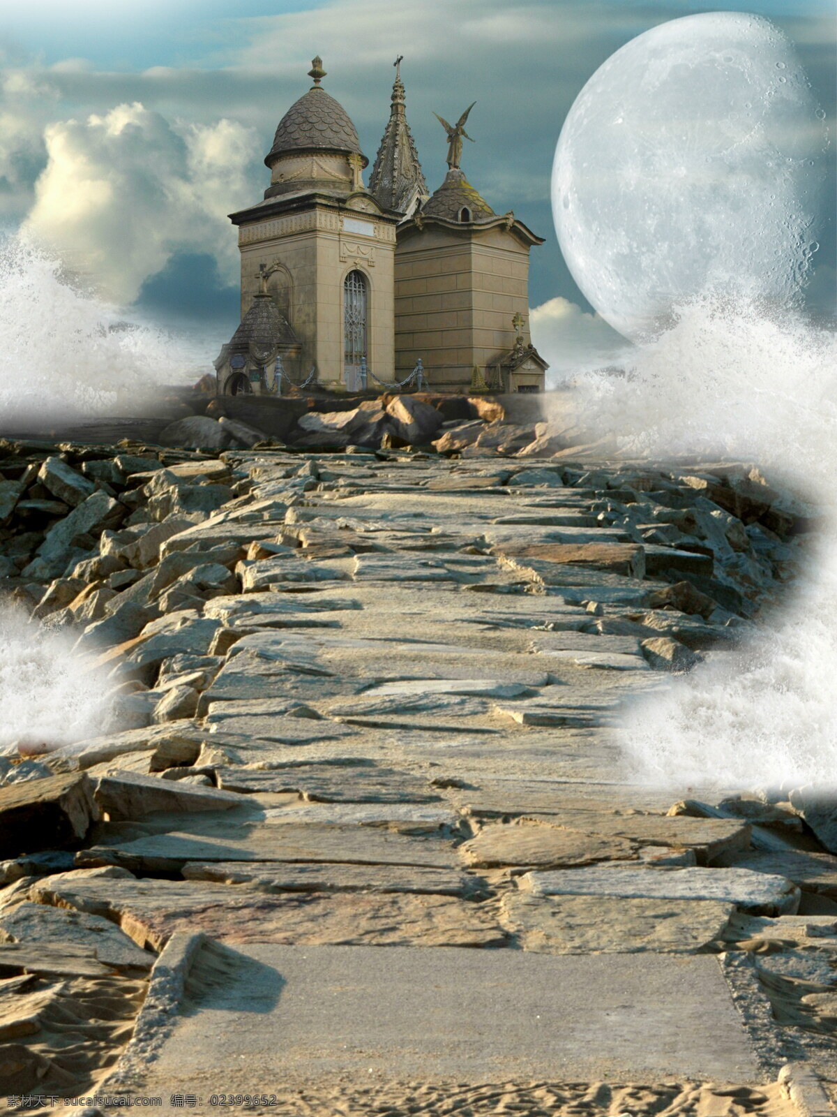 圆月 城堡 欧式建筑 云朵 城堡图片 风景图片