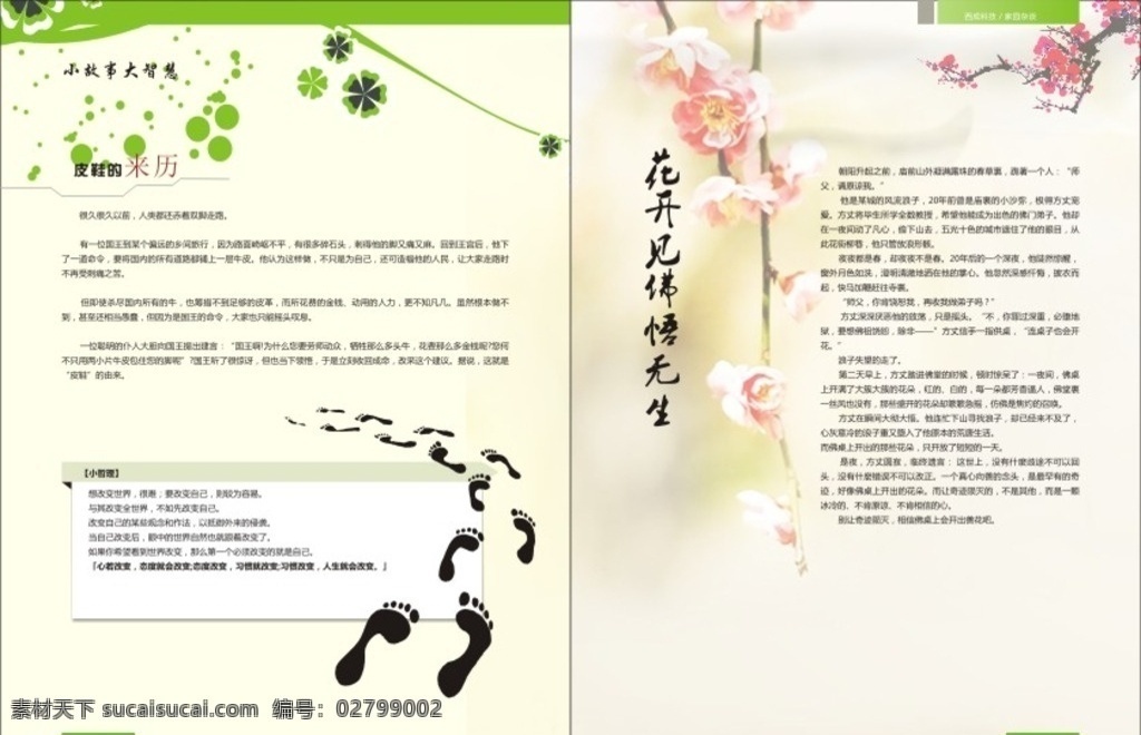 清新 杂志 期刊 故事 排版 小故事大智慧 寓言故事 杂志模板 杂志排版 期刊模板 期刊排版 杂志设计 期刊设计 花 绿色 页眉页脚 脚印 梅花 皮鞋的来历 哲理 清新排版