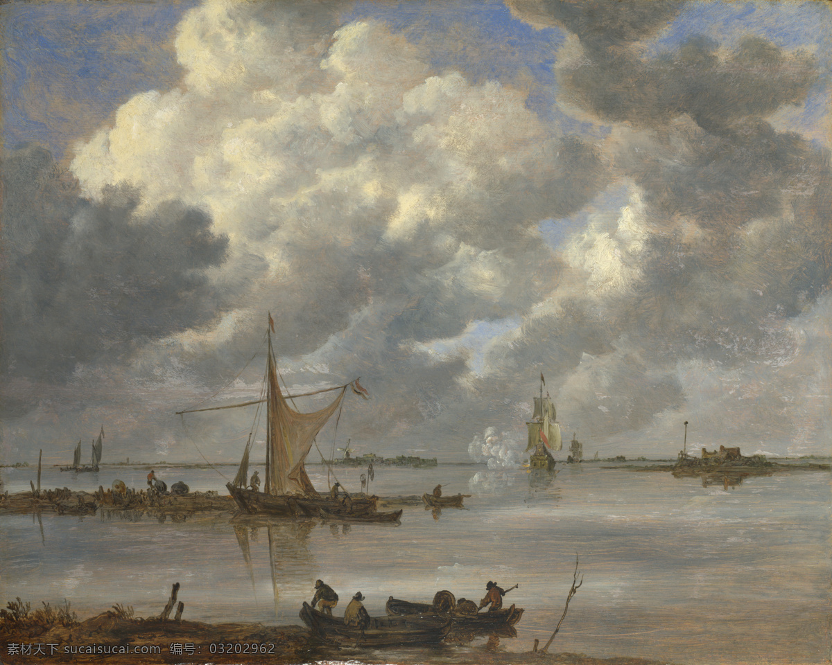 frigates 大师 画家 古典 画 建筑 景物 装饰画 油画 two and boats fishing with estuary an goyen van jan 人物 高清 西方 国外 现代 家居装饰素材