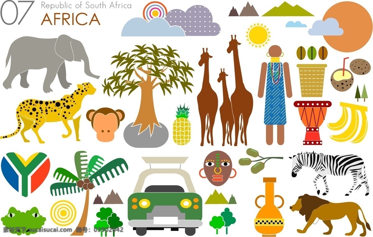 卡通 非洲 元素 卡通非洲元素 非洲元素 大象 动物 车 椰子树 长颈鹿 非洲人 打鼓 狮子
