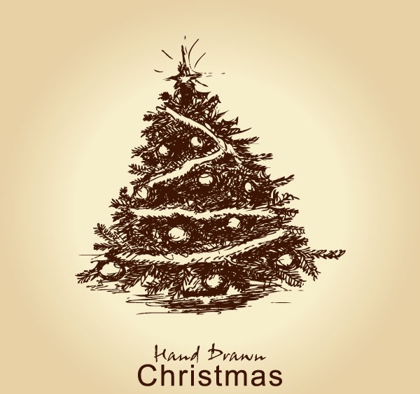 手绘 圣诞节 元素 素描 线稿 圣诞 圣诞树 复古 怀旧 装饰元素 贺卡 卡片 矢量素材 矢量 节日素材