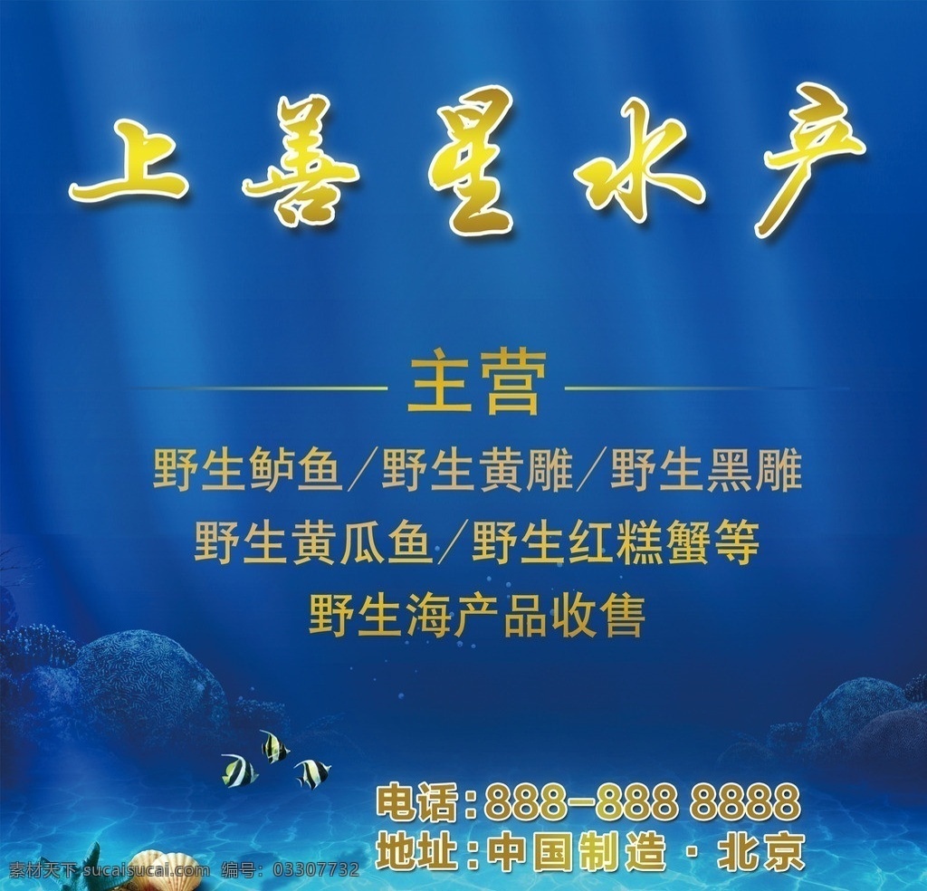海产品海报 水产 海鲜 蓝色 海洋 鱼 金鱼 广告设计模板 源文件