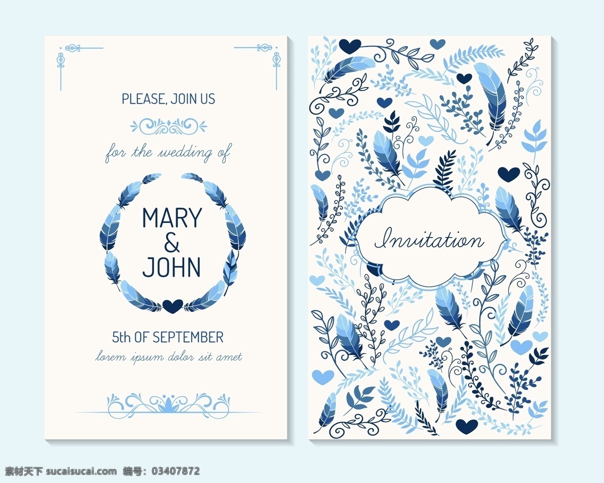 蓝色 树枝 创意 卡片 背景 夏日 婚礼 卡通 手绘 矢量素材 平面设计素材