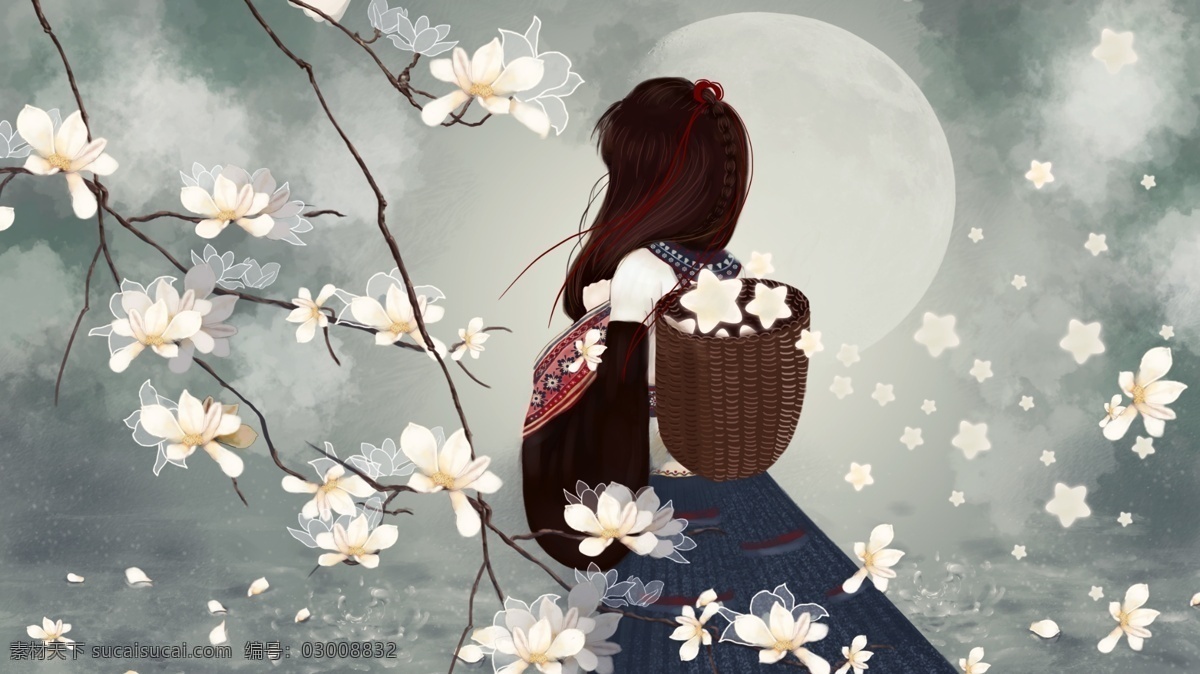 女孩 眺望 天空 治愈 插画 花朵 月亮 云朵 星星 复古