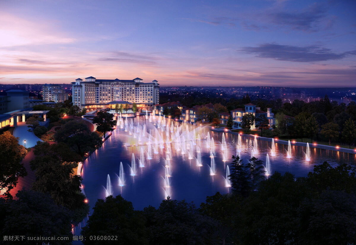 酒店 夜景 效果图 地产实景图 项目效果图 酒店夜景 景观效果图 水景 水系景观 奢华夜景 室外广告设计