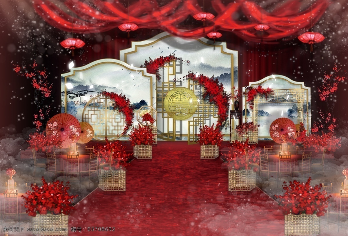 古典 红色 水墨 素雅 婚礼 舞台 效果图 时尚 几何 蓝色水墨 背景 婚礼效果图 仙气 环境