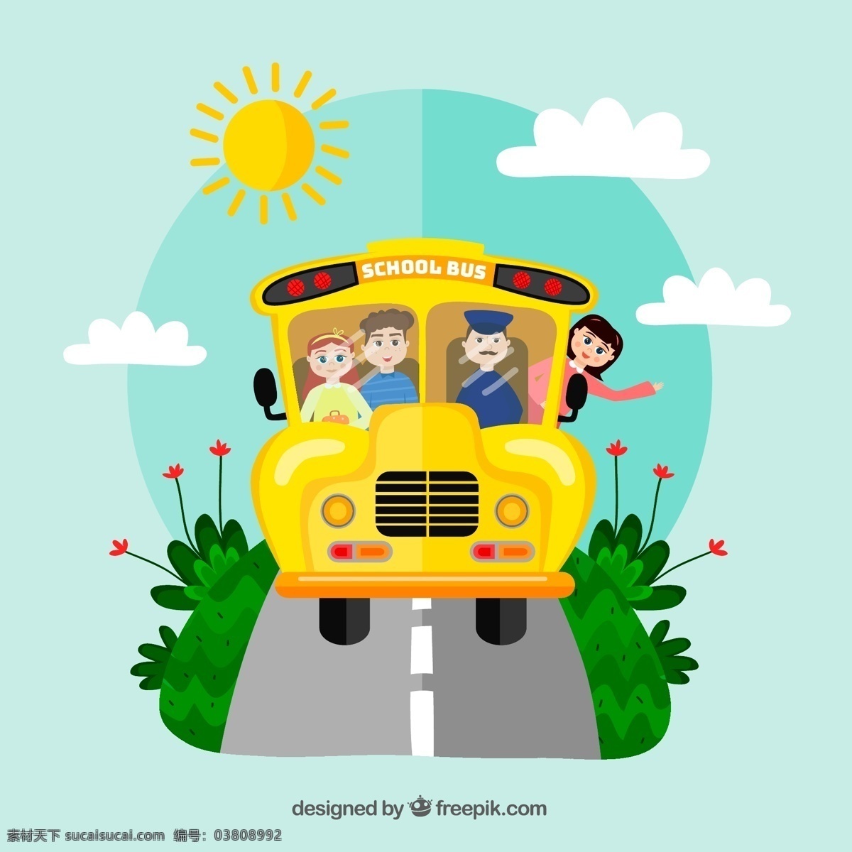 卡通 校车 字 路上 卡通校车 校车正面 校车学生 太阳 公路 云 卡通bus