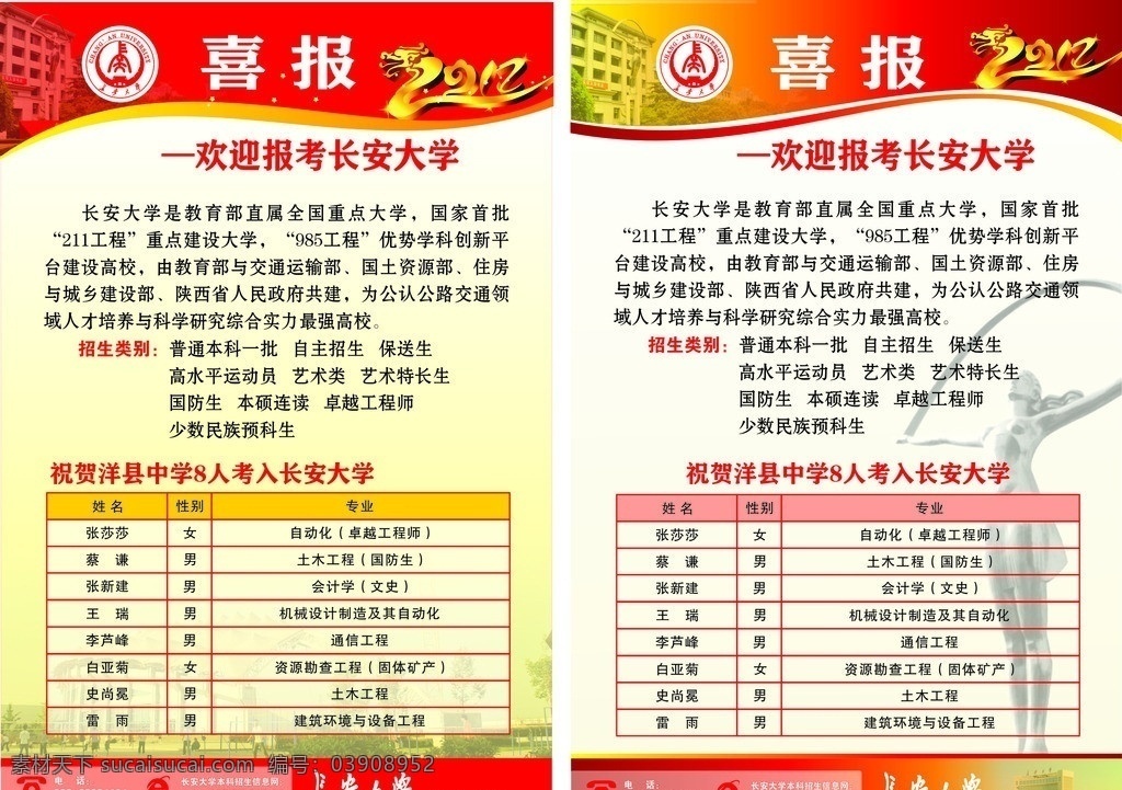 喜报 展板模板 展板 红色 渐变 长安大学 2012 矢量
