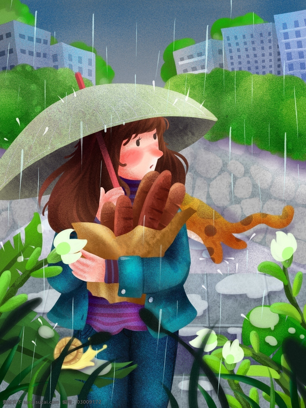中国 气象 日 雨天 抱 着法 棍 打伞 女孩 清新 插画 中国气象日 猫 蜗牛 植物 花草 楼房 都市 街道 下雨 水洼 法棍 面包