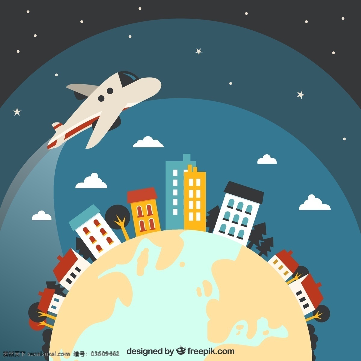 创意 环绕 地球 飞翔 飞机 矢量图 星空 建筑 楼群 云朵 环球旅行 ai格式 青色 天蓝色