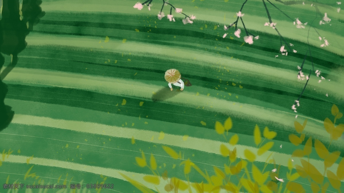 绿色 田野 采茶 收获 季节 手绘 插画 插图 收获季节 朋友圈配图 手机壁纸 配图 微博配图 公众号配图 文章配图 原创