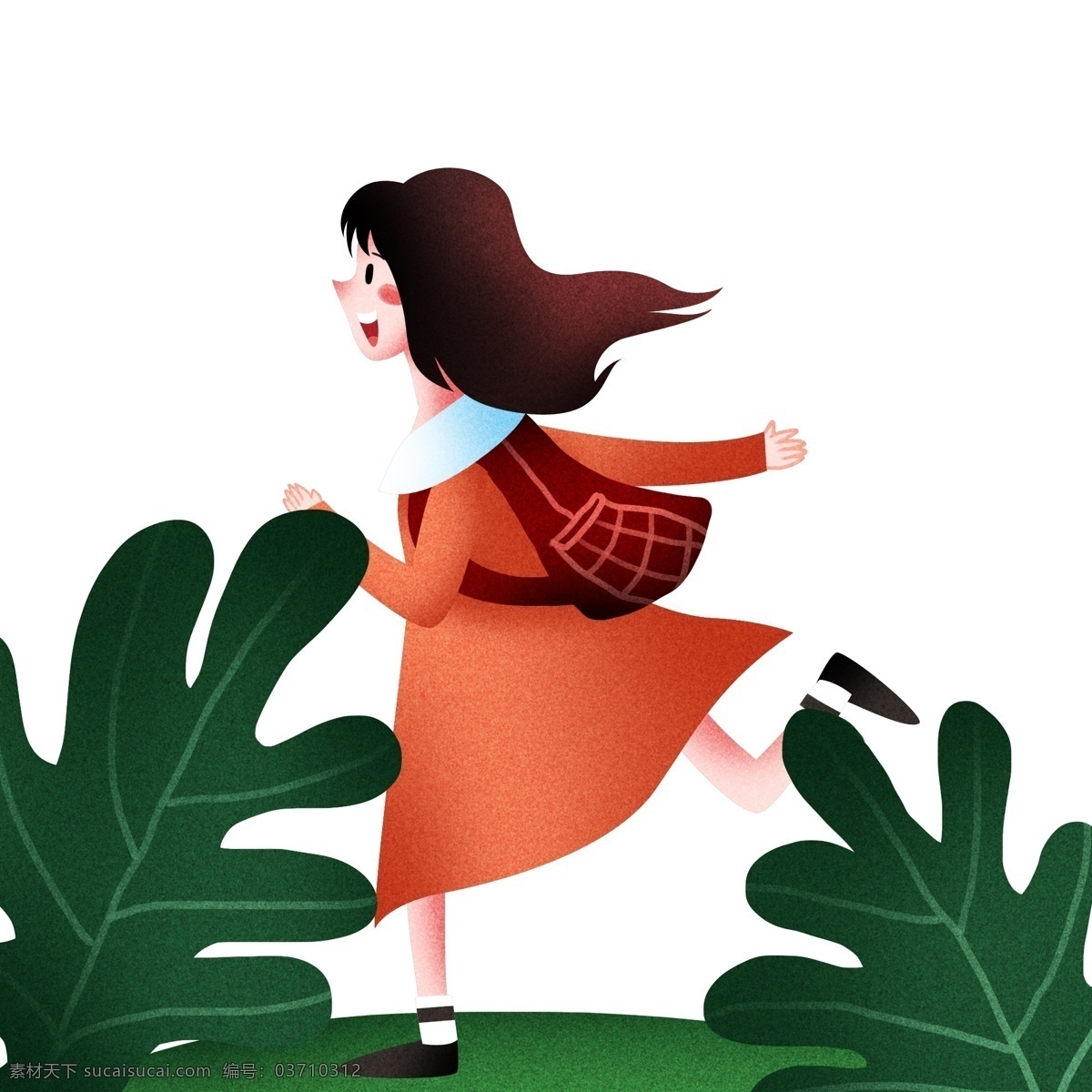 春游 踏青 奔跑 女孩 人物 插画 奔跑的女孩 绿色叶子 卡通人物 植物装饰 漂亮的小女孩