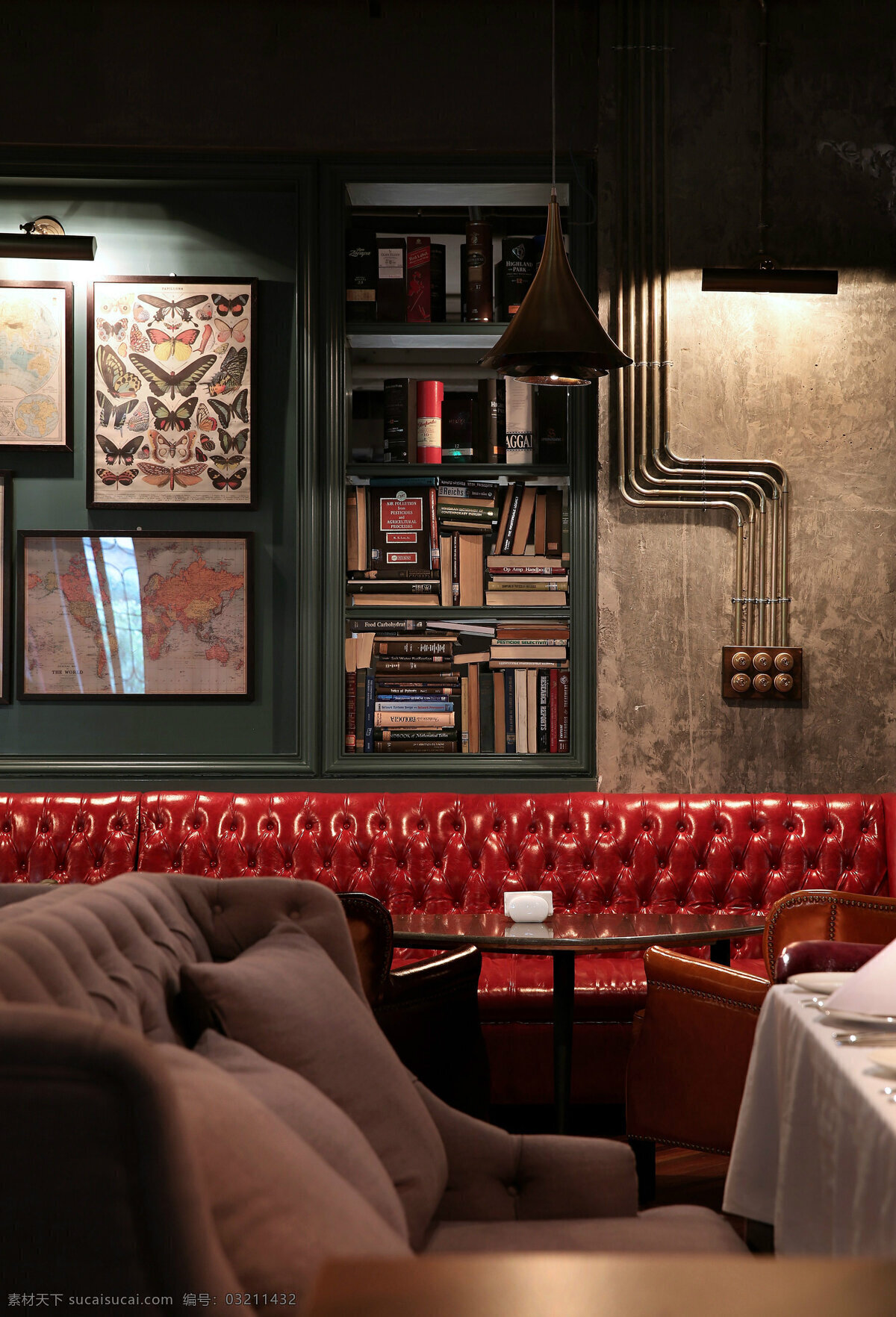 复古 室内 餐厅 背景 墙 实景 效果图 室内设计 装修 装修设计 环境设计 时尚 高清 背景墙 沙发 红色