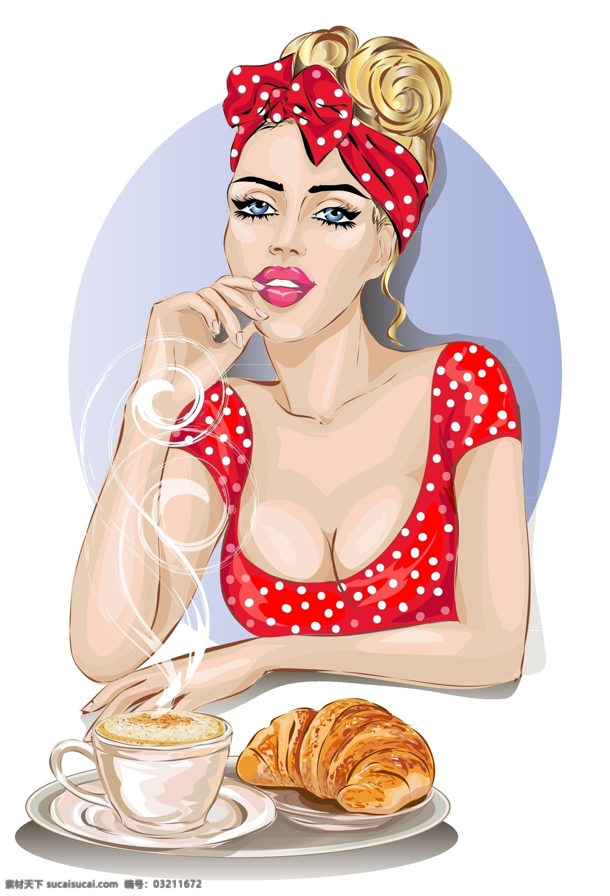手绘 吃 早餐 外国 女人 插画 人物 手纸 吃早餐 美女 面包 咖啡 性感