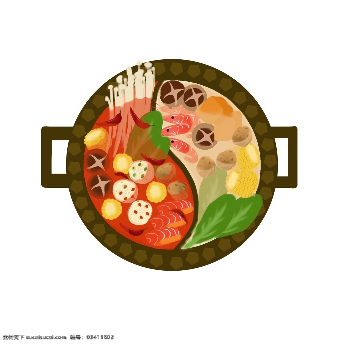 冬日 火锅 鸳鸯 锅 食物 免 扣 图 香菇 金针菇 莲藕 青菜 肉丸 玉米 虾 鸳鸯锅 豆腐泡 辣椒 装饰图案