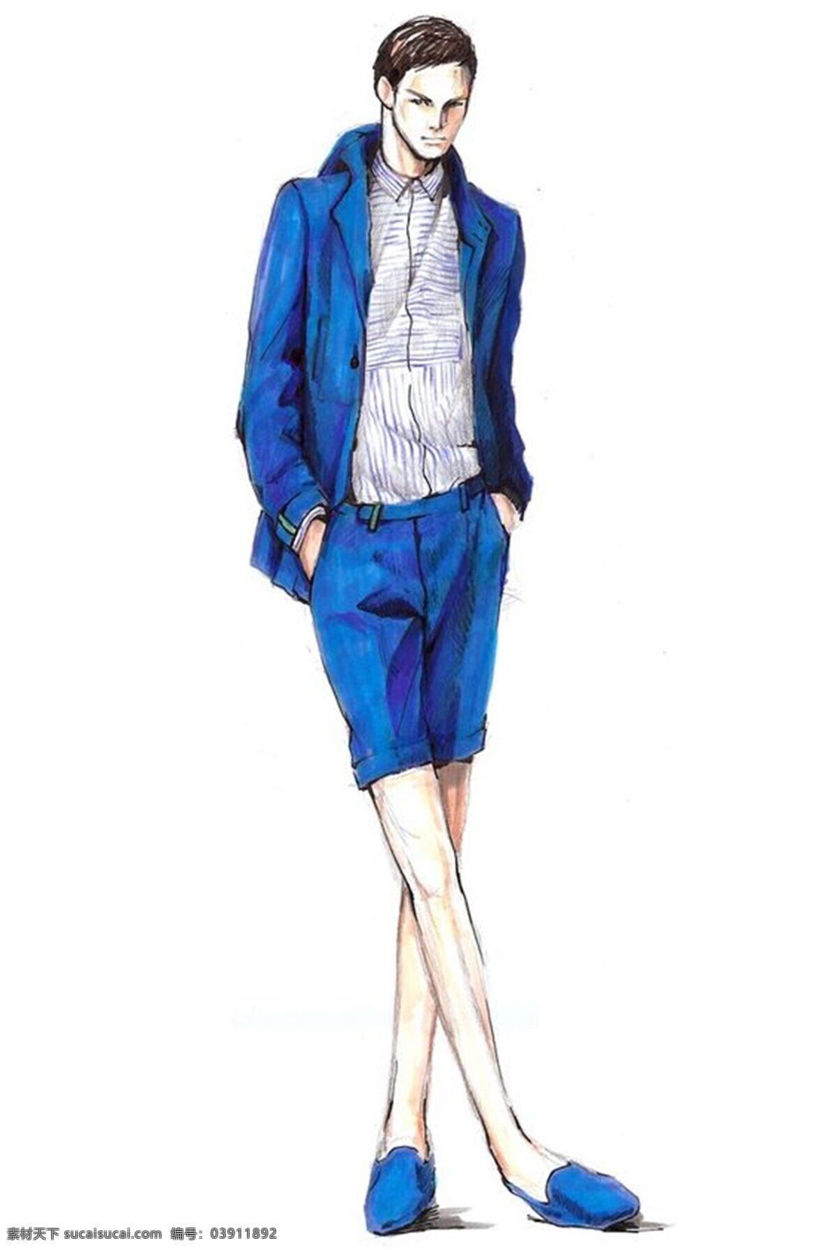 蓝色短裤 蓝色外套 蓝色鞋子 男装 休闲时尚 蓝色 外套 效果图 深灰色内搭