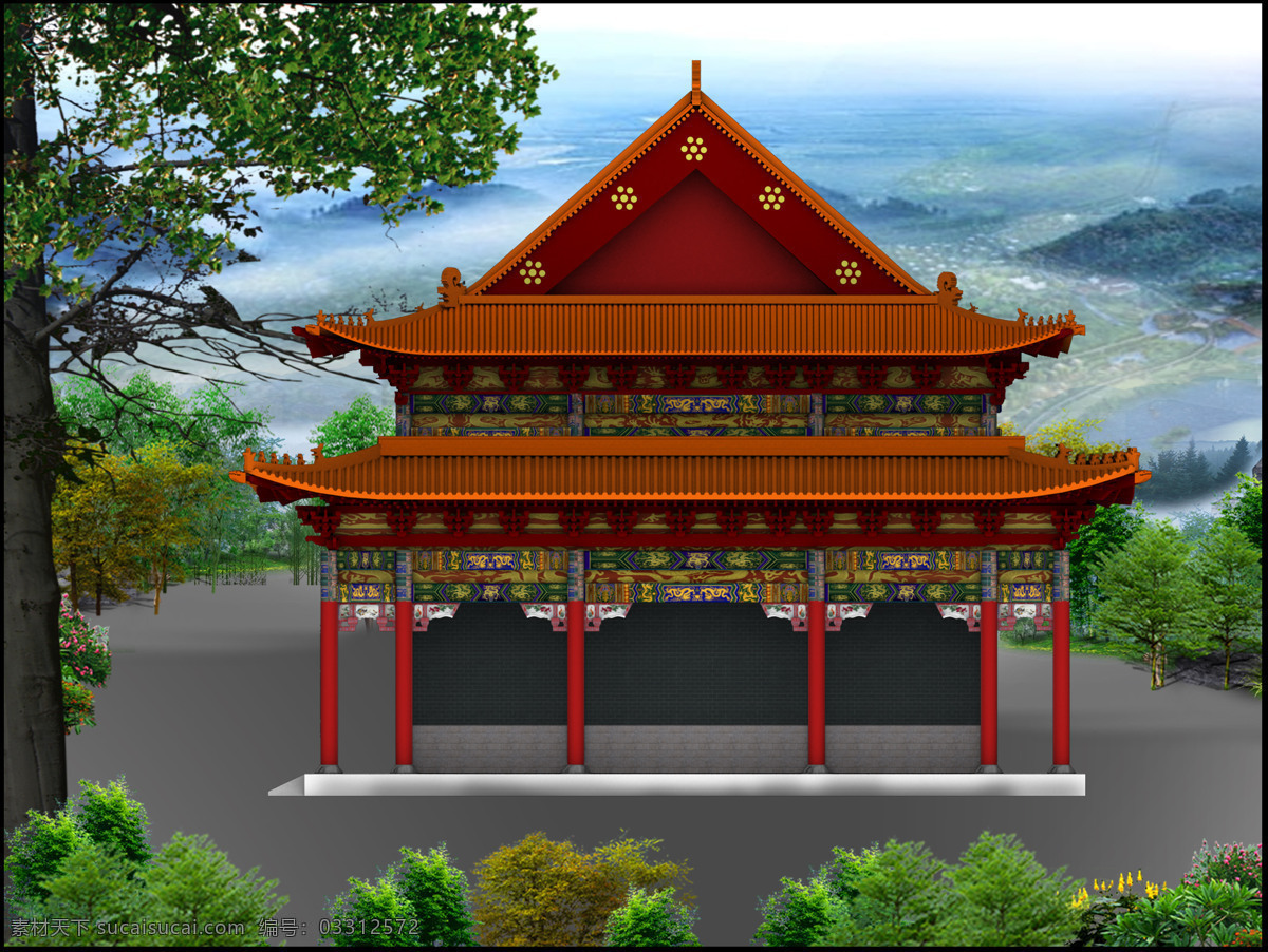 大雄宝殿 右 视图 寺庙 古建 琉璃瓦 彩绘 斗拱 建筑设计 环境设计 黑色
