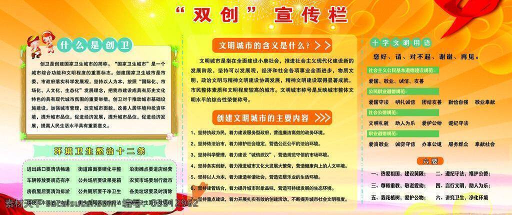 橙色背景 创建卫生城市 创建文明城市 道德规范 环境卫生 其他设计 文明礼貌 双 创 展板 矢量 模板下载 双创展板 矢量图 建筑家居
