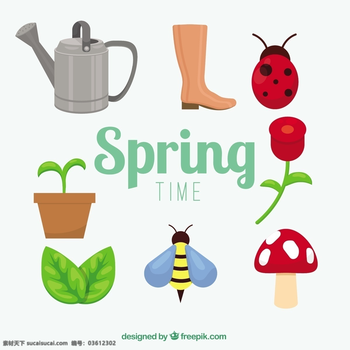 春图集合 花 手 弹簧 手绘 蜜蜂 树叶 绘图 元素 蘑菇 瓢虫 春天的花朵 靴子 抽的季节 喷壶 花盆 收集 春天 白色