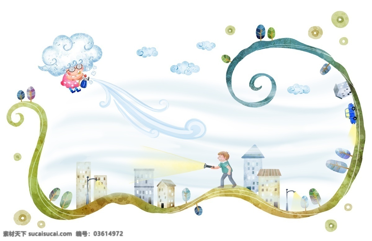 夜晚 手电 行走 男士 psd素材 插画 城市 建筑 乌云 打手电 psd源文件