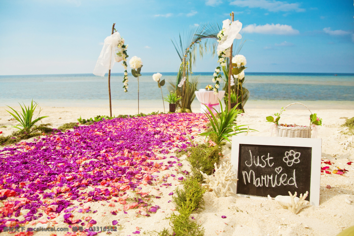 沙滩婚礼现场 大海 蓝天 白云 黑板 字母 鲜花 花瓣 植物 其他类别 生活百科