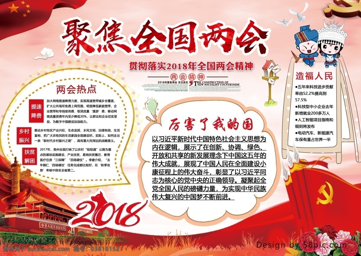 2018 年 聚焦 全国两会 小报 两会 政协 人大 两会热点 聚焦全国两会 新时代 春天 里 厉害了我的国