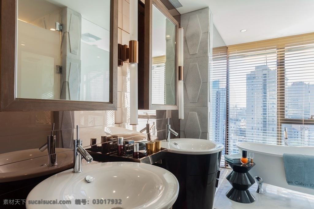 简约 卫生间 窗户 装修 效果图 白色射灯 镜子 浅色地板砖 洗手盆 浴缸