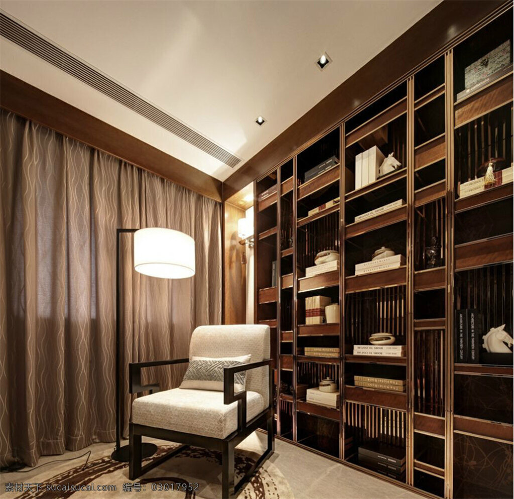 现代 简洁 原木色 书房 效果图 复古落地灯 灰色纱窗 木制书架 欧式座椅 书籍 特色地毯