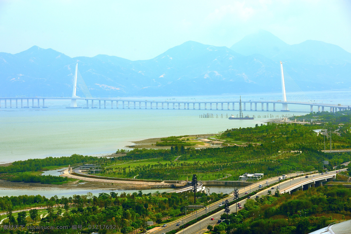 深圳市 深港 西部 通道 深圳绿化 深圳建筑 深圳湾 湖水 道路 石桥 绿树 景观 园林建筑 建筑园林