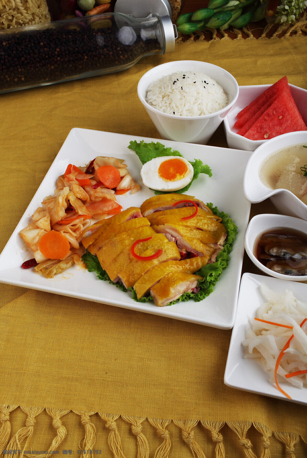 海南 鸡 饭 餐饮美食 传统美食 套餐 中餐 南鸡饭 三黄鸡 咸鸭蛋 辣白菜 切片西瓜 咸蛏 萝卜丝 psd源文件 餐饮素材