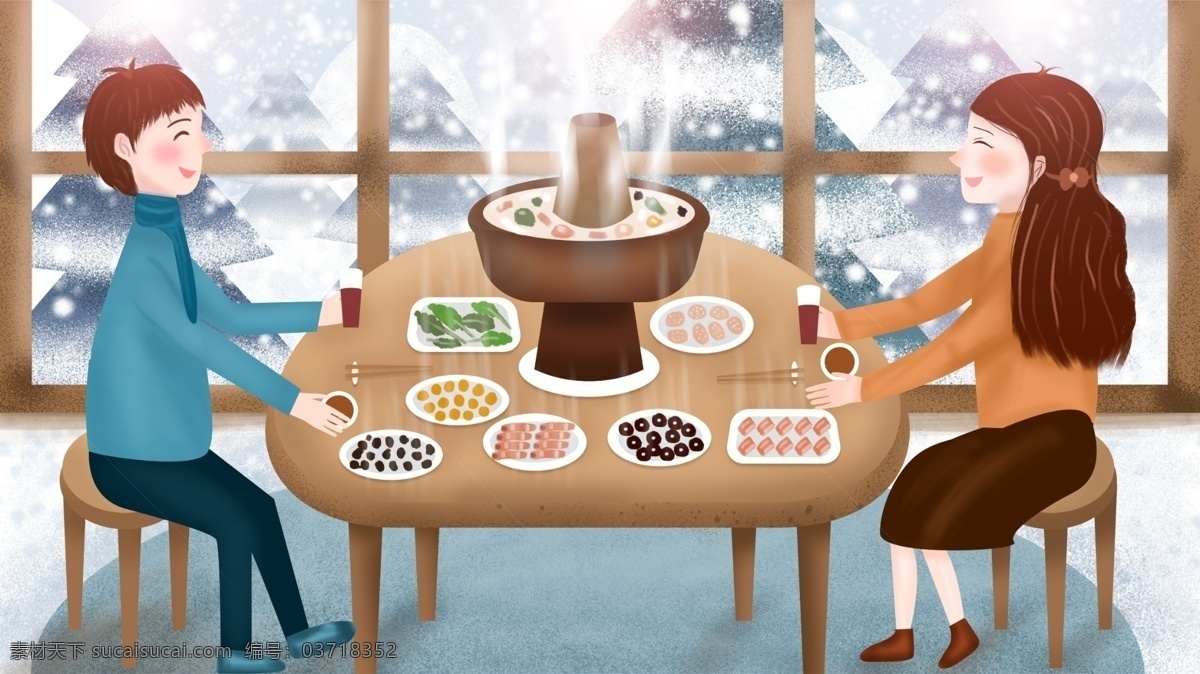 原创 手绘 插画 吃 火锅 情侣 坐在 桌前 一起 盘子 窗户 桌子 原创手绘 原创手绘插画 吃火锅 男孩 女孩 碗 筷子 椅子 雪 热气腾腾 树