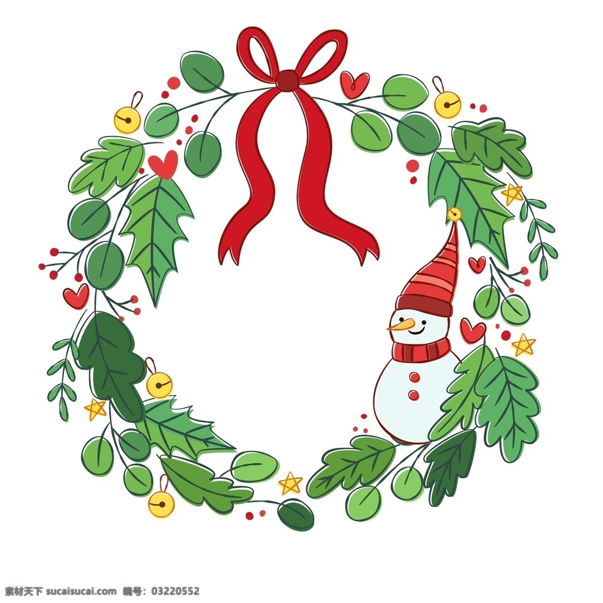 创意 绿色 圣诞 雪人 花环 矢量 丝带 爱心 铃铛 枸骨 松枝 浆果 圣诞节 文化艺术 节日庆祝