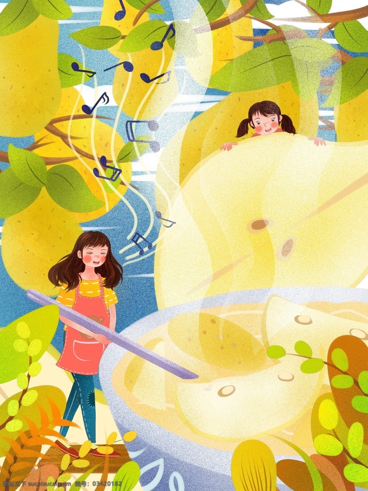 创意 水果 梨子 熬 梨汁 女孩 清新 插画 创意水果 梨 音符 小清新 熬梨汁 围裙 哼唱 噪点 蓝 绿 黄