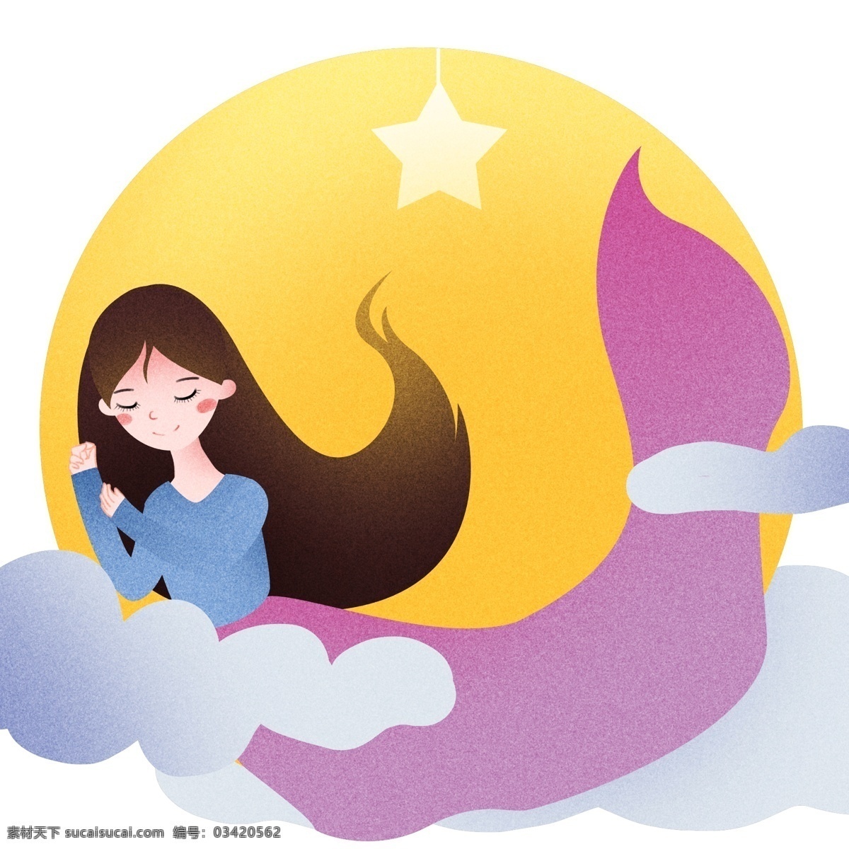 坐在 月亮 睡觉 女孩 世界 睡眠 日 插画 坐在月亮睡觉 睡觉的小女孩 白色的云朵 白色的星星 卡通人物