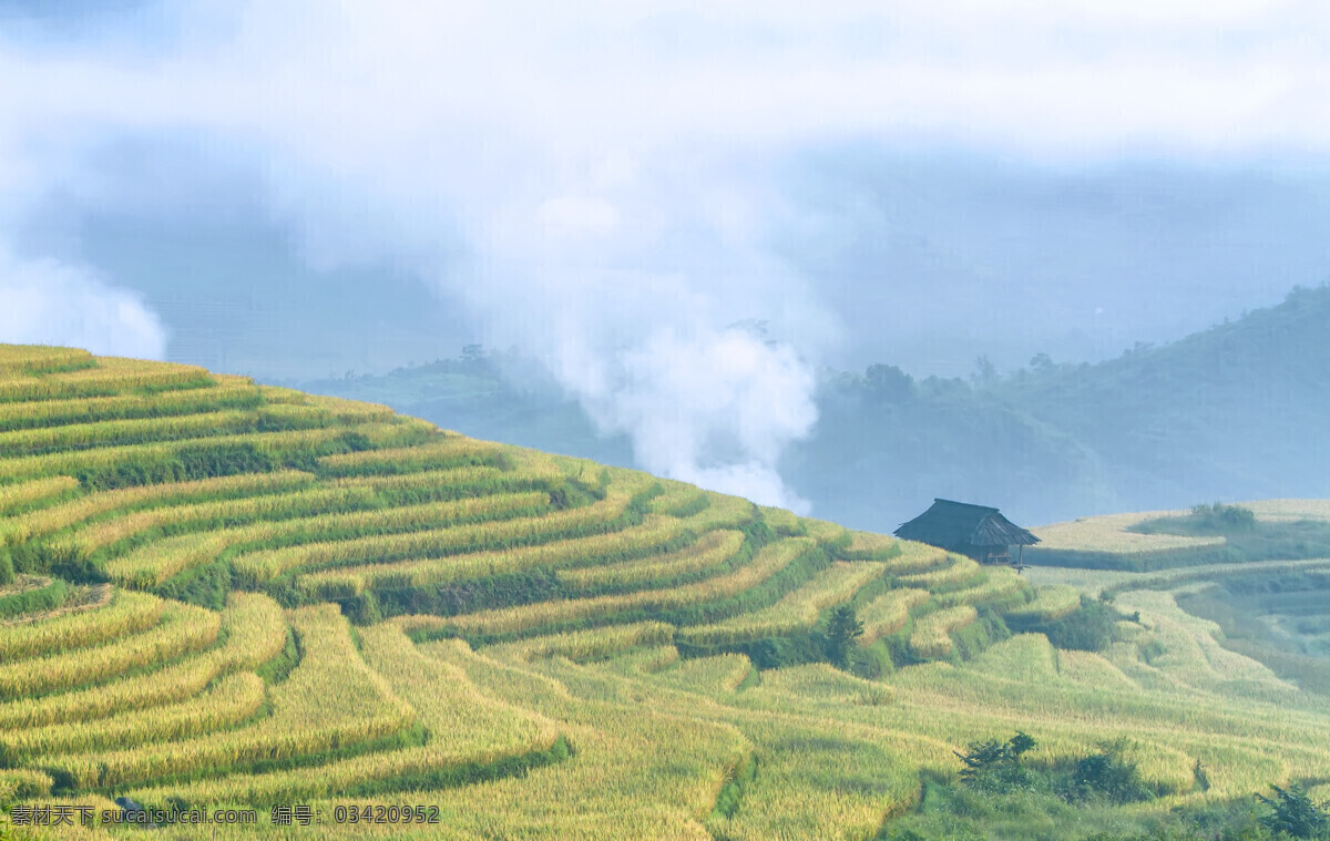 大山 中 炊烟 梯田 田野 稻田 田地 庄稼 梯田风景 农业生产 现代科技